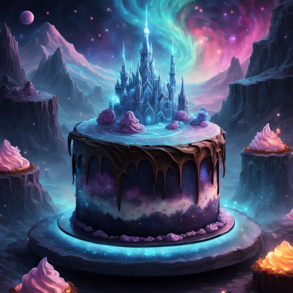 Ethereal Cosmic Cake with Glowing Runes