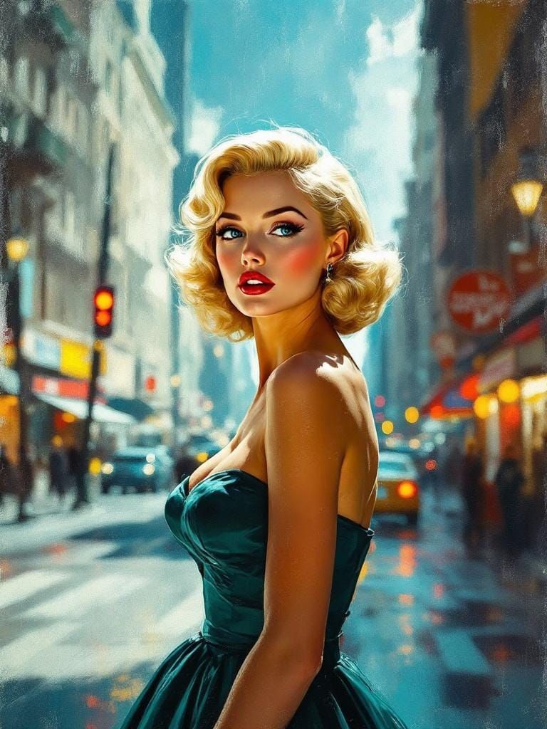 1950s Pin-Up in Cityscape: Impressionist Encaustic Style