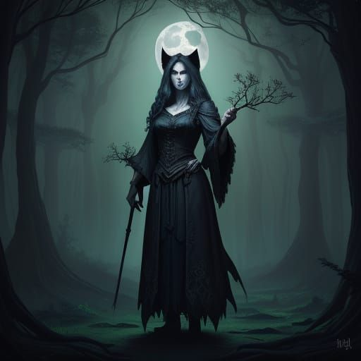 Dark Fantasy Witch in Moonlit Forest Clearing