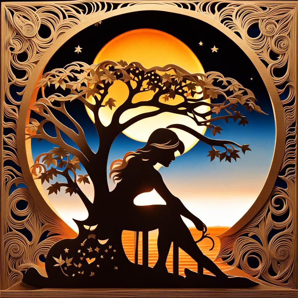 Kirigami Lady Washing Moon at Sunset