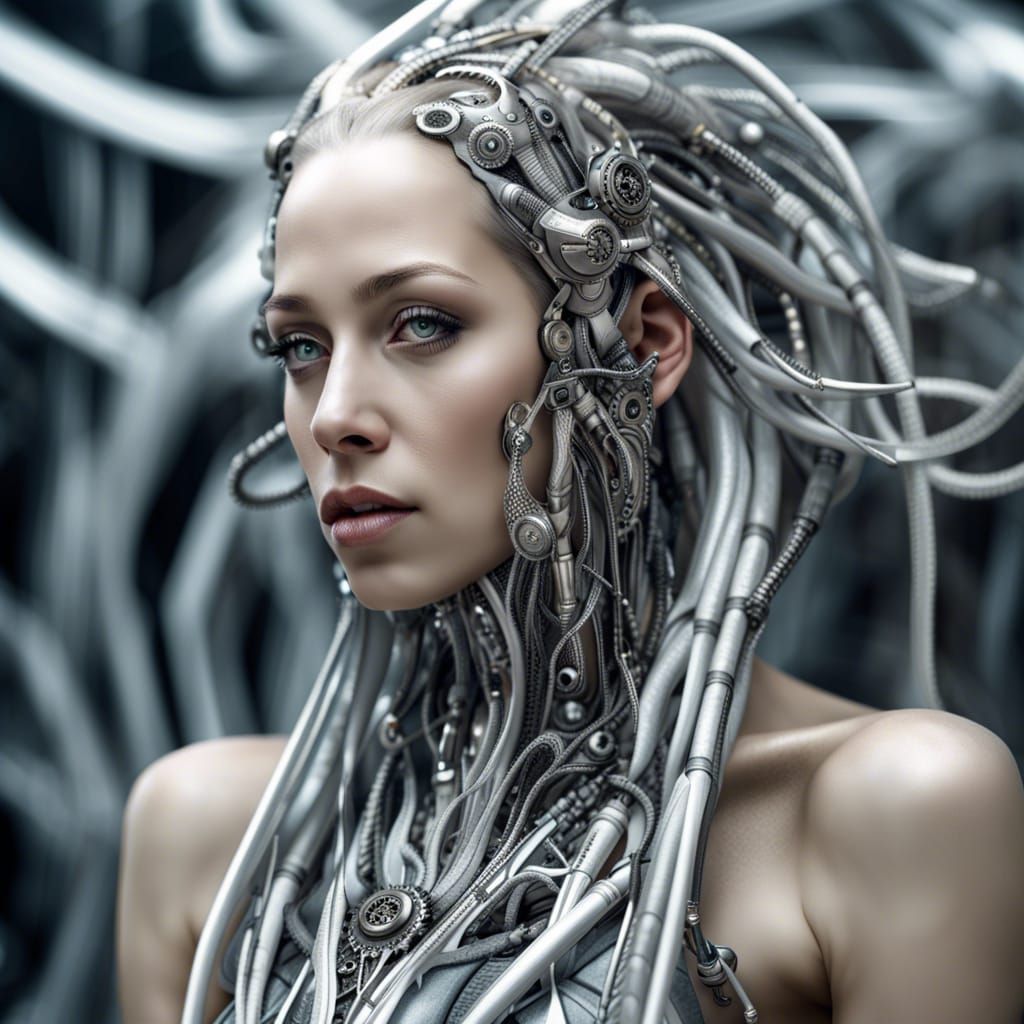 Biomechanical Woman with Silver Dreadlocks in Graffiti Art