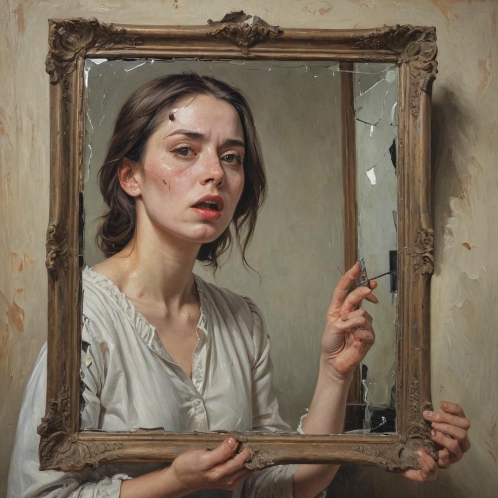 Woman and Broken Mirror: Superstitious Oil Painting