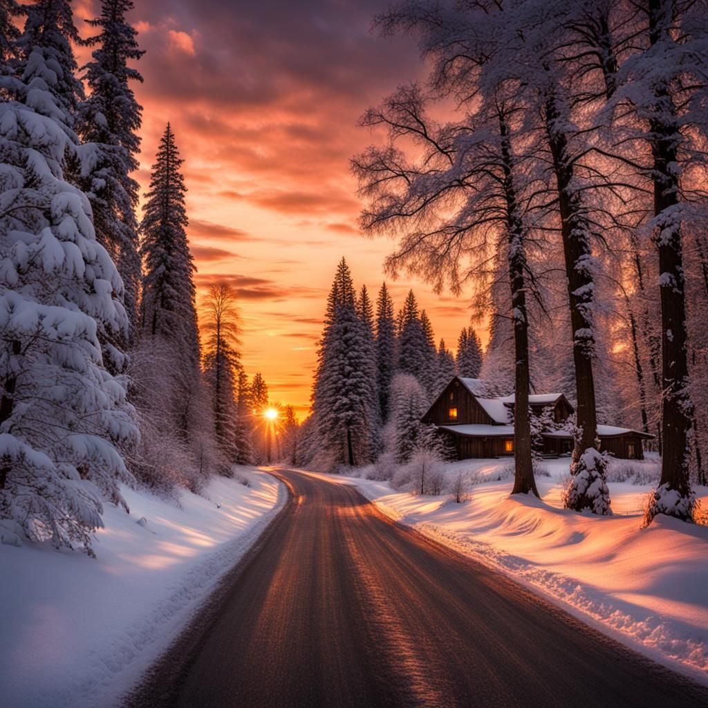Snowy Cabin at Sunset