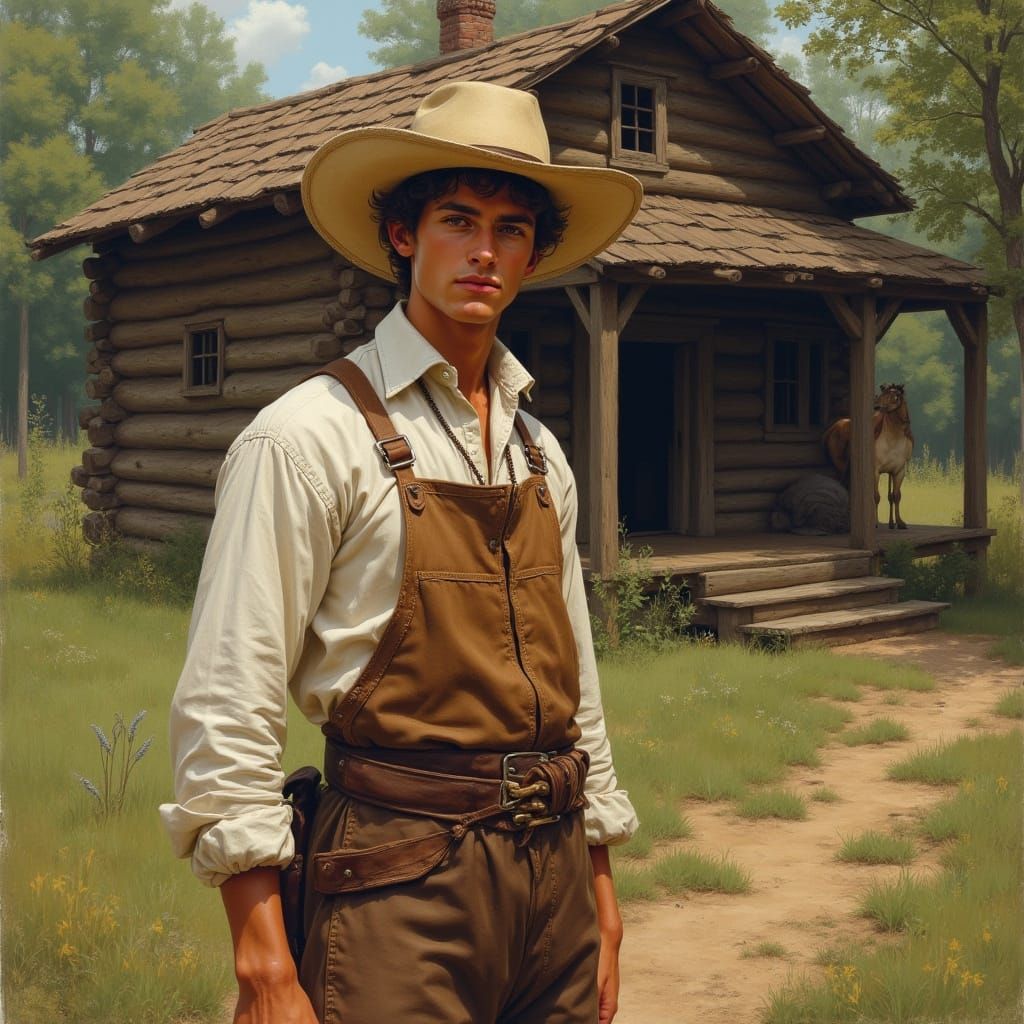 Rugged Frontier Youth in Folk Art Style