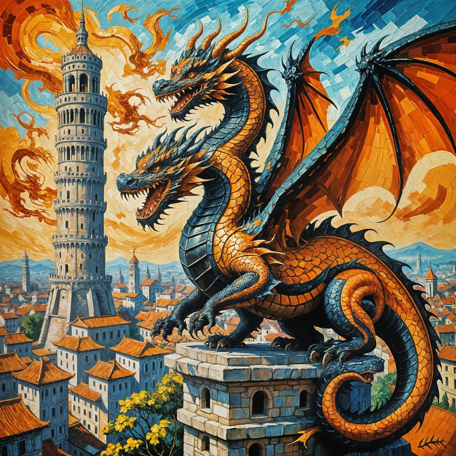 Neo-Expressionist Dragon Envelops Tower in Cityscape
