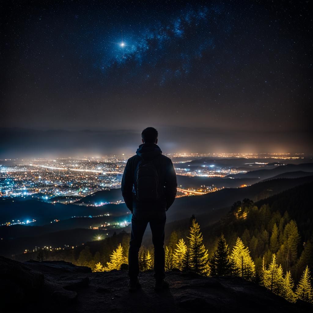Man Gazing at Stars Over City at Night