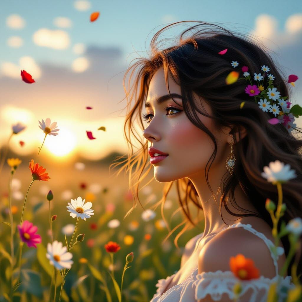 Mysterious Field of Dancing Flowers and Leaves in Dramatic L...