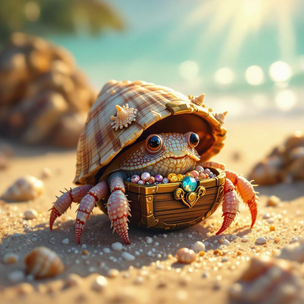 Treasure Crab on Sandy Beach in Illustrative Style