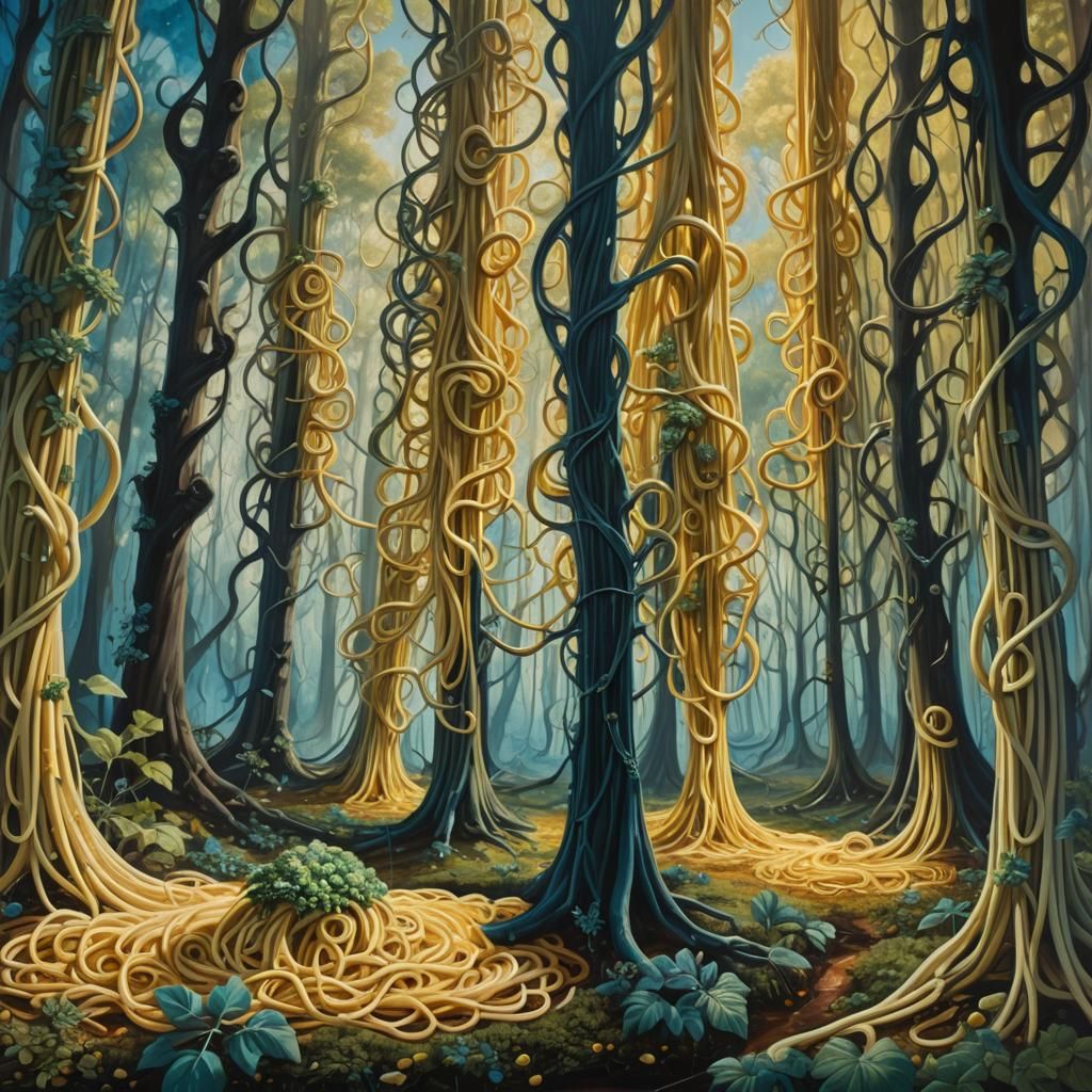 Giant Spaghetti in Magical Forest, Surreal Oil Painting
