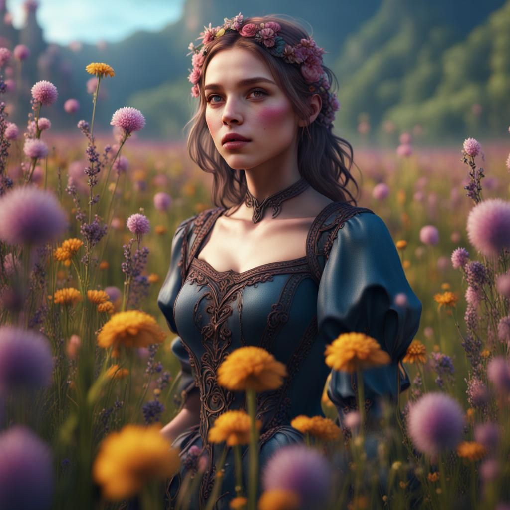 Gothic Girl in a Flower Meadow: Detailed Matte Painting