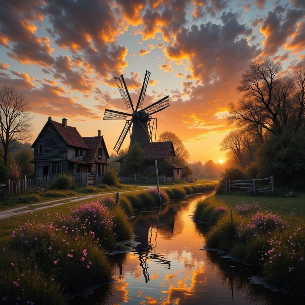 Dutch Farm Village at Dusk in Hyperrealistic Style