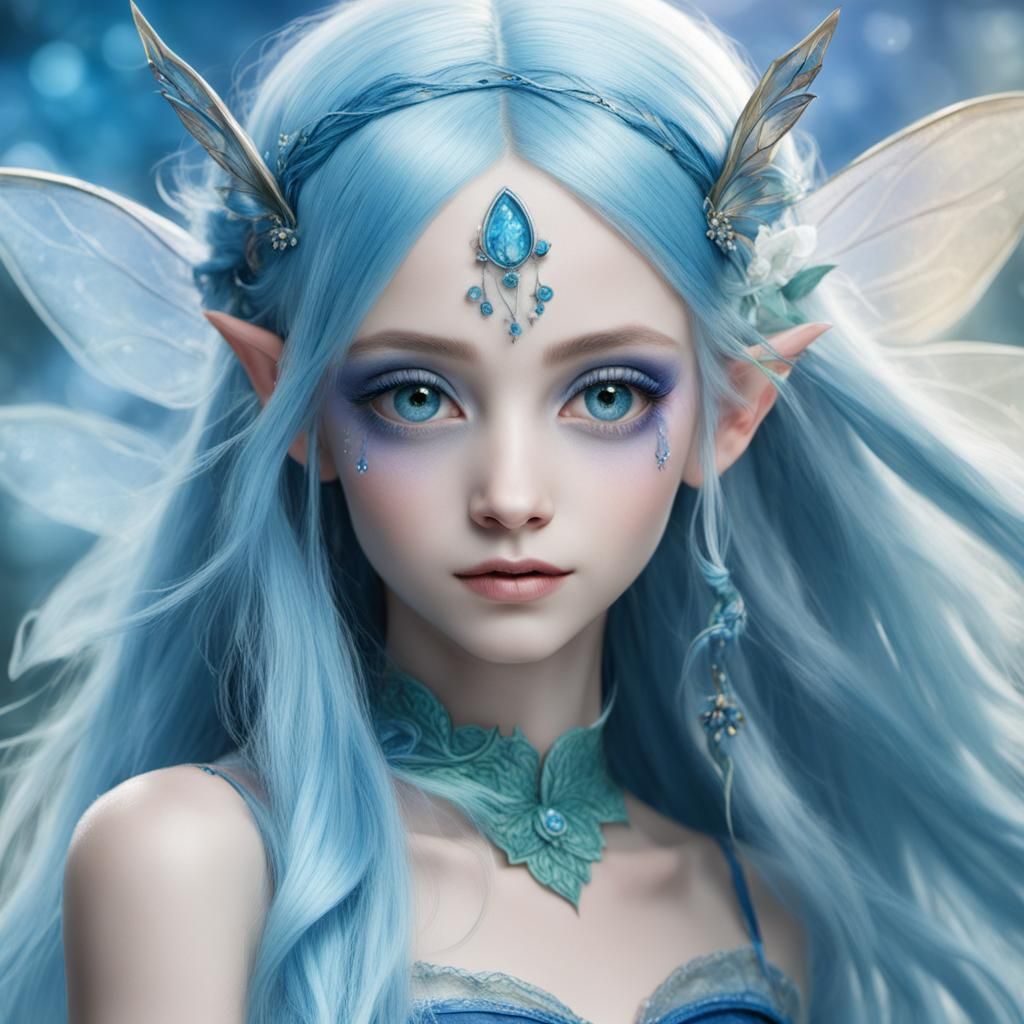 A beautiful fairy with long blue hair and elf ears.