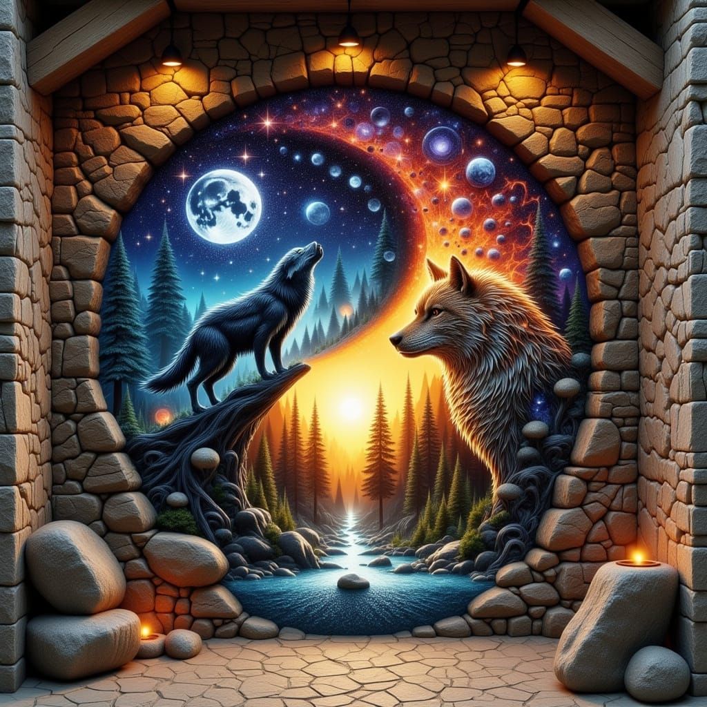 Surreal Wolf Symbolism Unites Earth and Cosmos in Double Exp...