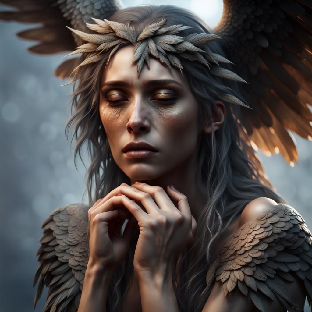 Sad Harpy Crying in Misty Light: Hyperrealistic Dream