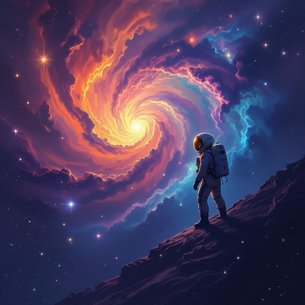 Astronaut Gazes at Galactic Nebula in Cosmic Void