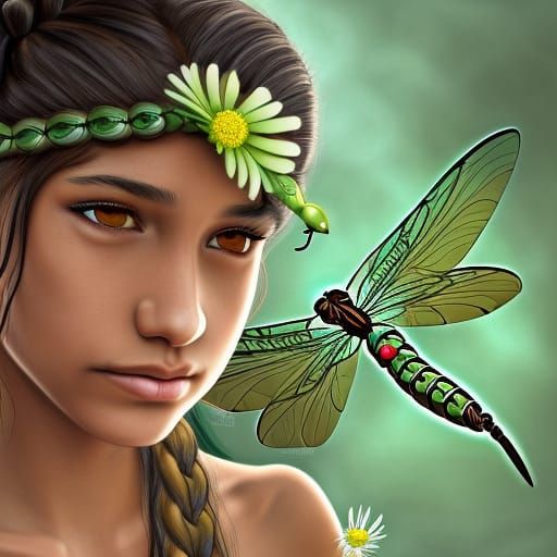 Brave Native American Girl with Dragonfly Wings