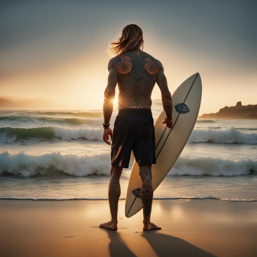 Tattooed Surfer on Beach in Golden Hour Light