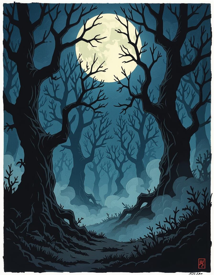 Eerie Moonlight Forest in Mike Mignola Style