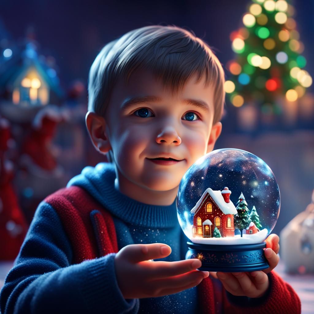 Child with Christmas Snowglobe: Hyperdetailed 8K Art