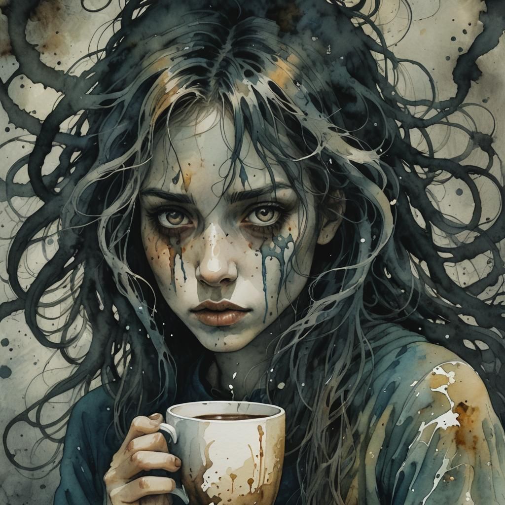 Dark Fantasy Woman Stares into Coffee, Watercolor Style