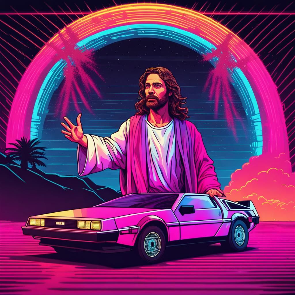Jesus Drives DeLorean in Synthwave Style
