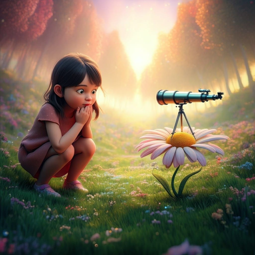 Whimsical Girl Discovers Tiny Observatory in Vibrant Floral ...