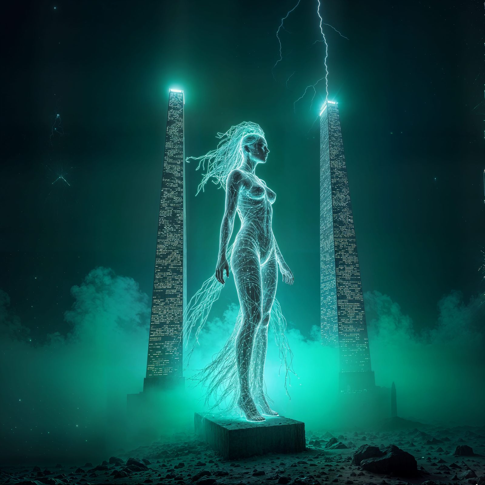 Cyberpunk Goddess Constructed from Computer Code