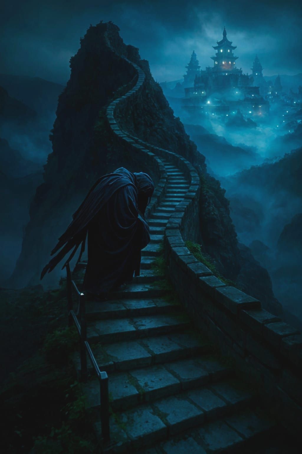 Ethereal Ascent: Raven-Winged Figure Climbs to Ghost City