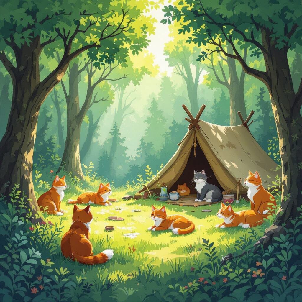 Lush Forest Camp with Cats in Whimsical Style