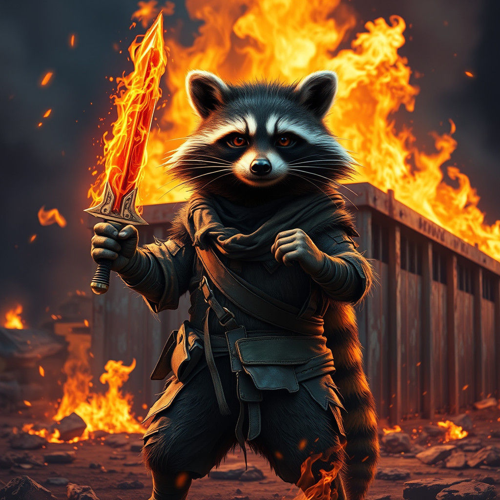 Heroic Raccoon Stands Before Burning Inferno