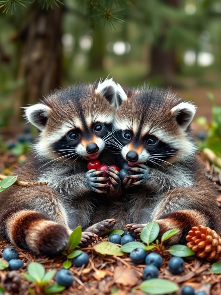 Cute Raccoon Kits Chilling in Forest