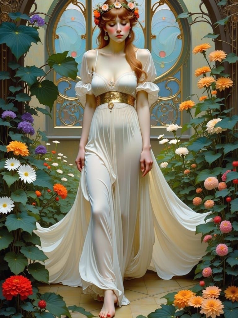Ethereal Art Nouveau Woman Strolls through a Vibrant Botanic...