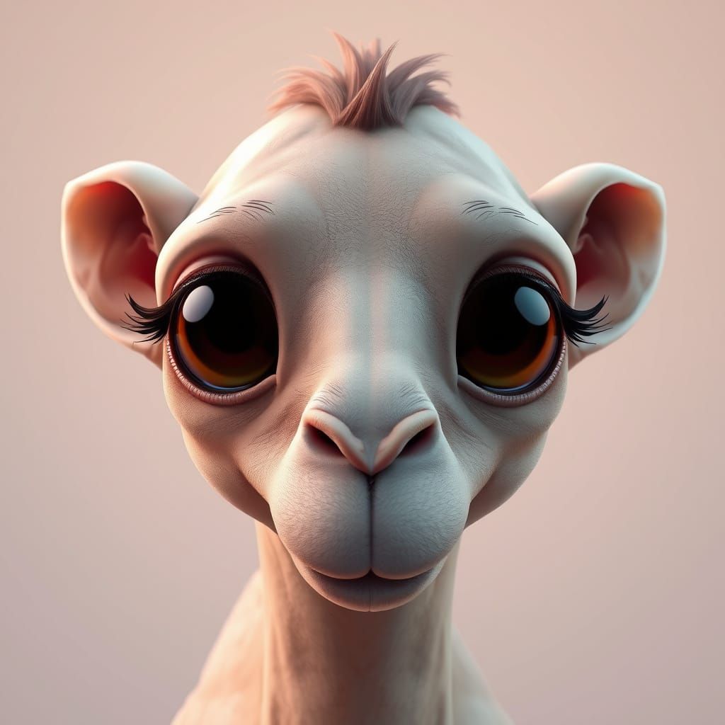 Cute Hairless Camel with Soulful Eyes in 3D Anime Style