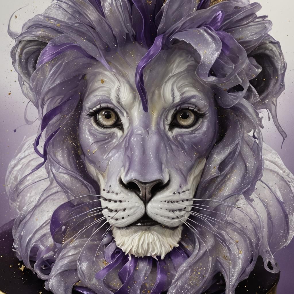 Hyperrealistic Gold Cake with Purple Ribbons