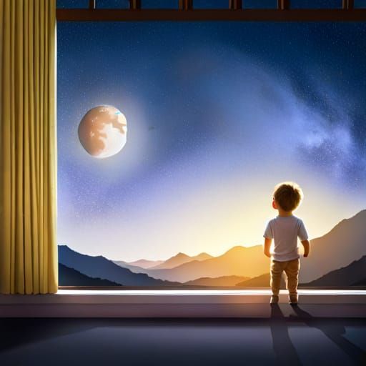 Child Gazing at New Moon with Teddy Bear