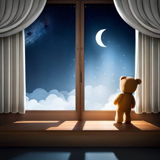Child and Teddy Bear Gaze at Night Sky