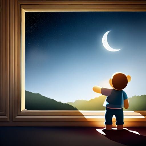 Child and Teddy Bear Watching Moonlit Night