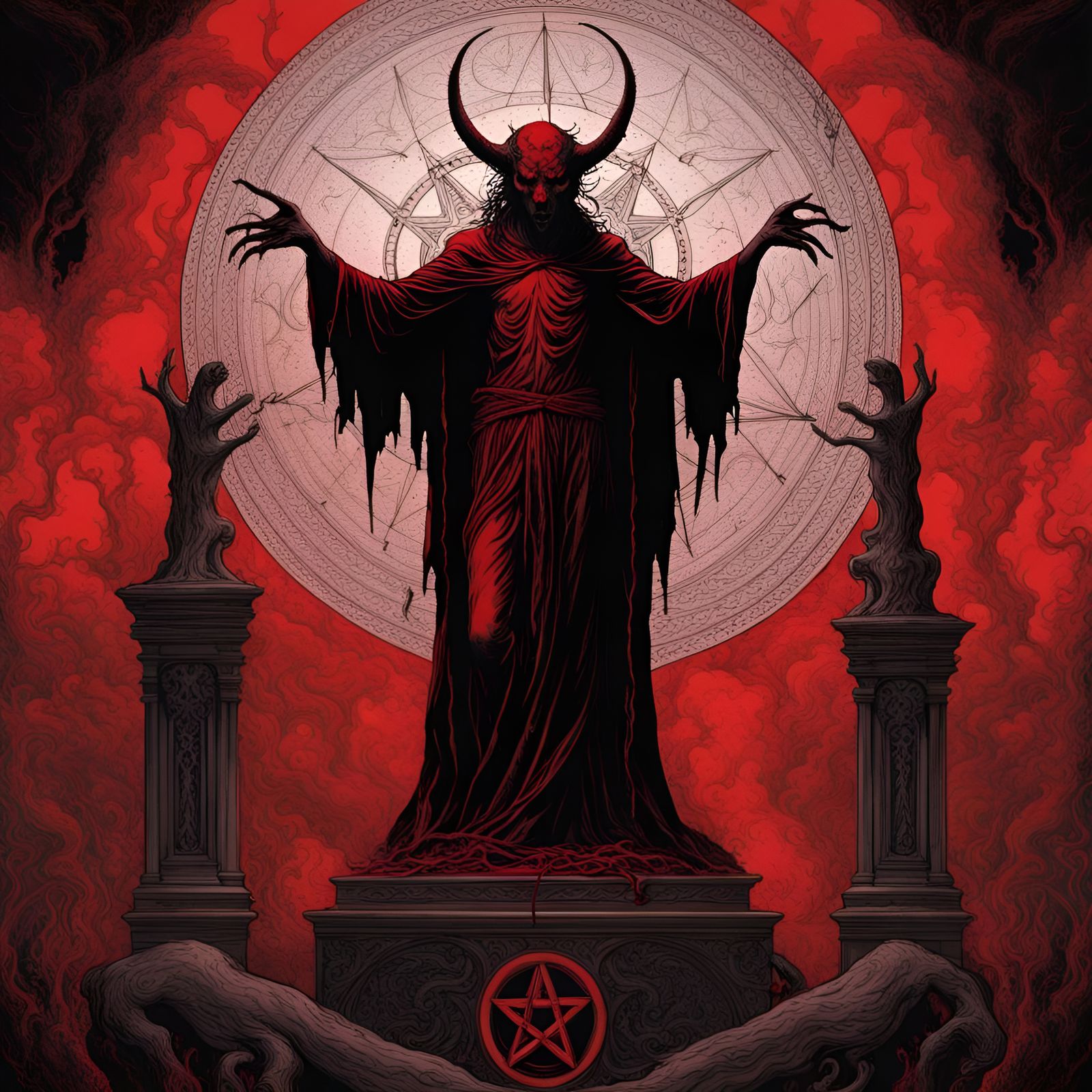 Creepy Demon at Satanic Altar Illustration