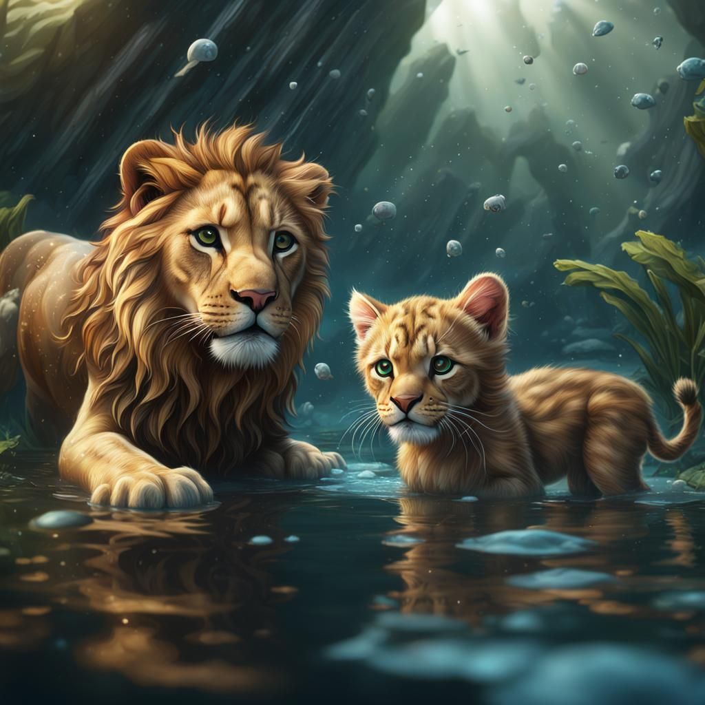 Baby Lion and Kitten Play in Water