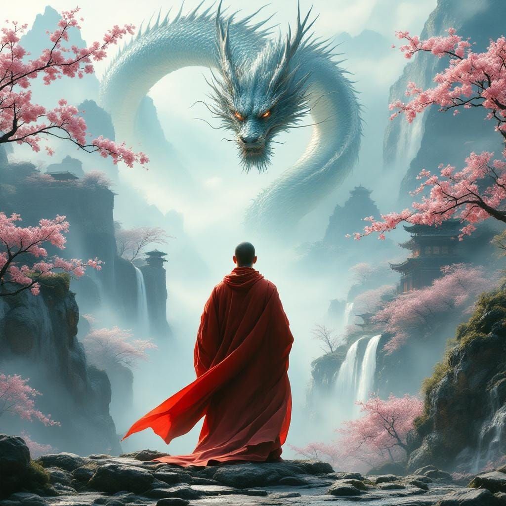 Serene Chinese Monk Meditating Under Dragon in Cherry Valley