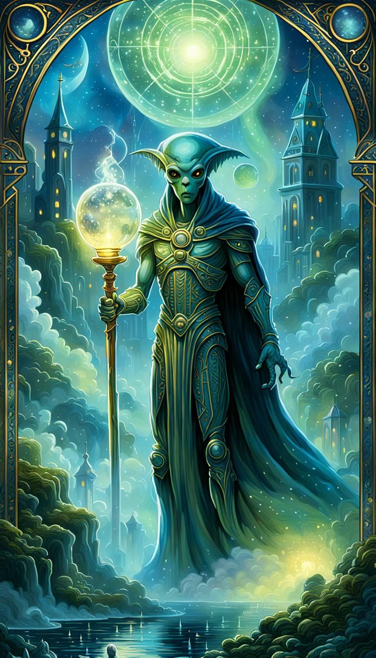 Alien Justice Tarot Card in Cartoon Style