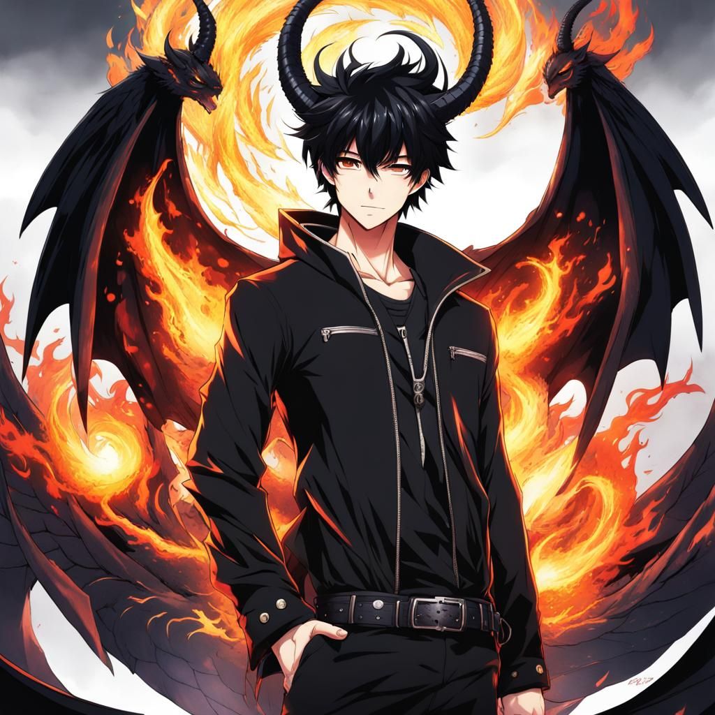 Dragon-winged Human with Fiery Horns in Anime Style