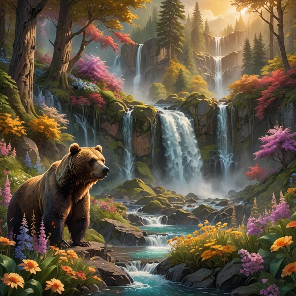 Brown Bear in Fantasy Forest: Oil Painting