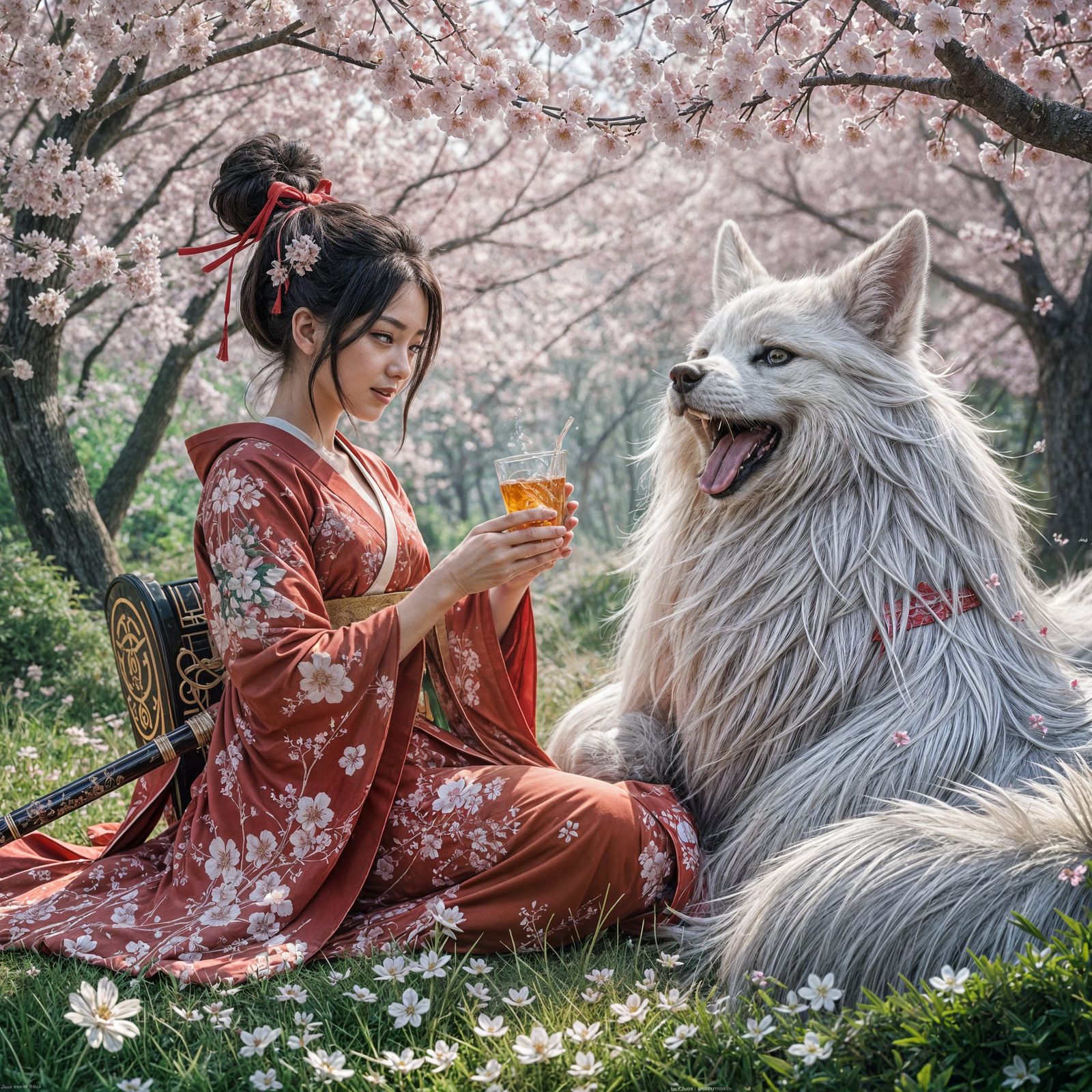 Samurai Girl Toasting a Kitsune in Cherry Blossom Forest