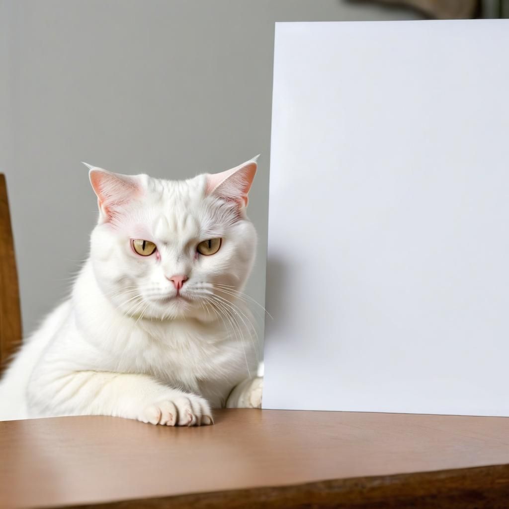 Angry Cat with Blank Sign at Table