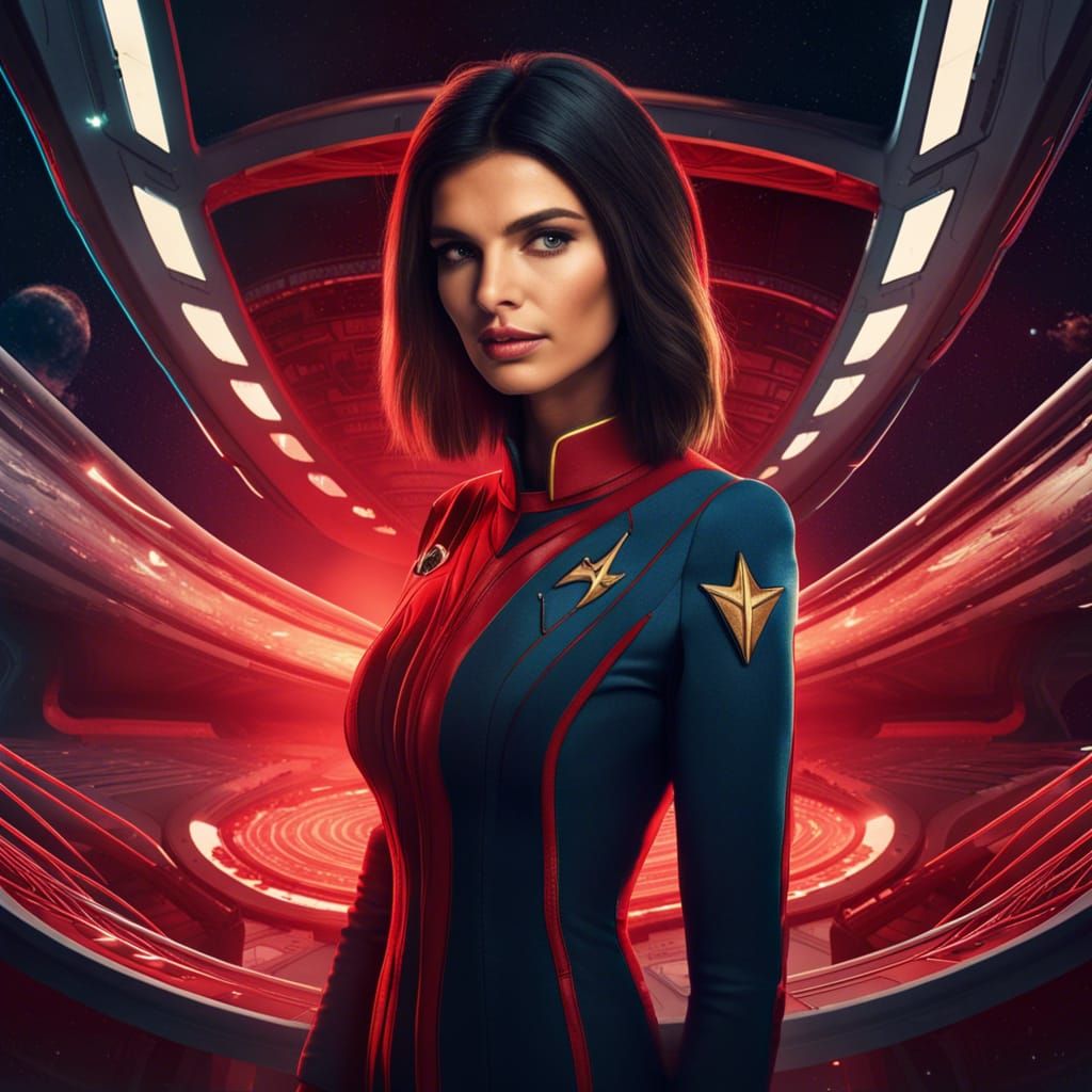 Woman in Star Trek Uniform on Spaceship Bridge