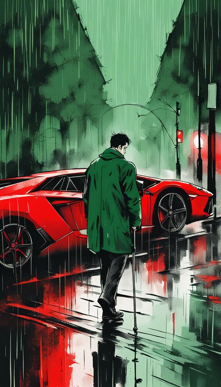 Veteran in Rain: Minimalist Ink Painting