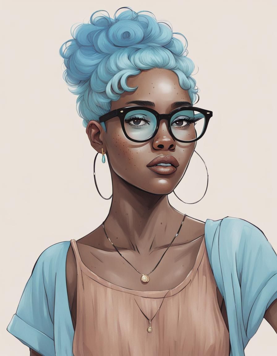 Portrait of a Freckled Woman with Blue Hair