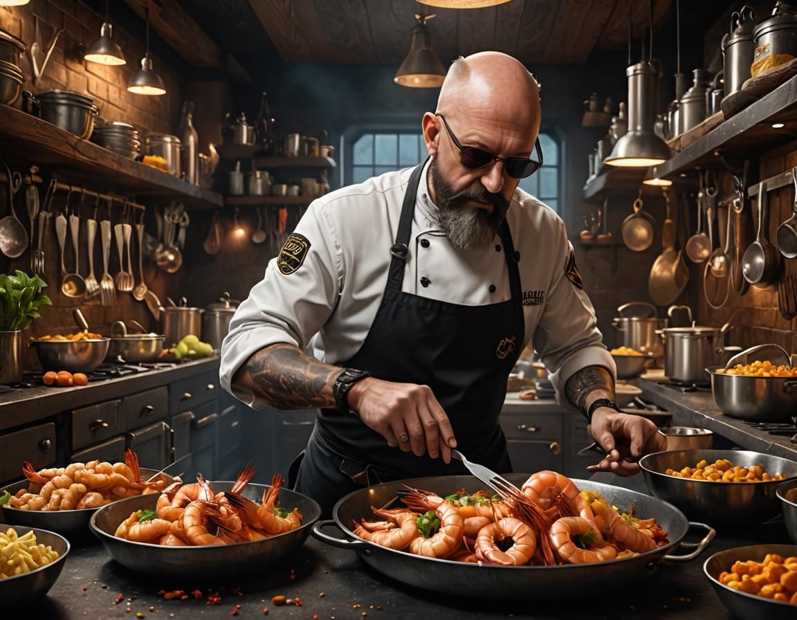 Chef Rob Halford Baking Prawns: Detailed Matte Painting