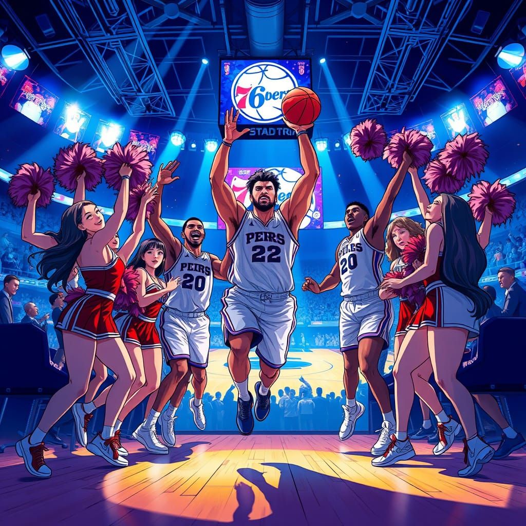 Philadelphia 76ers in Action with Energetic Cheerleaders